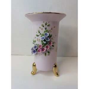 Vtg Lefton Hand Painted Pink Vase Japan 3D Flowers Gold Accents‎ Tripod Feet